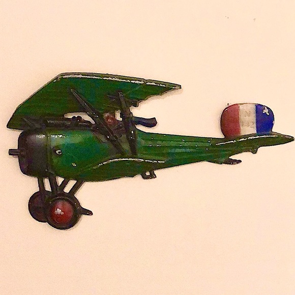 VINTAGE 1970’s Metal Airplane Wall Art Green Biplane with French Flag - Picture 13 of 15